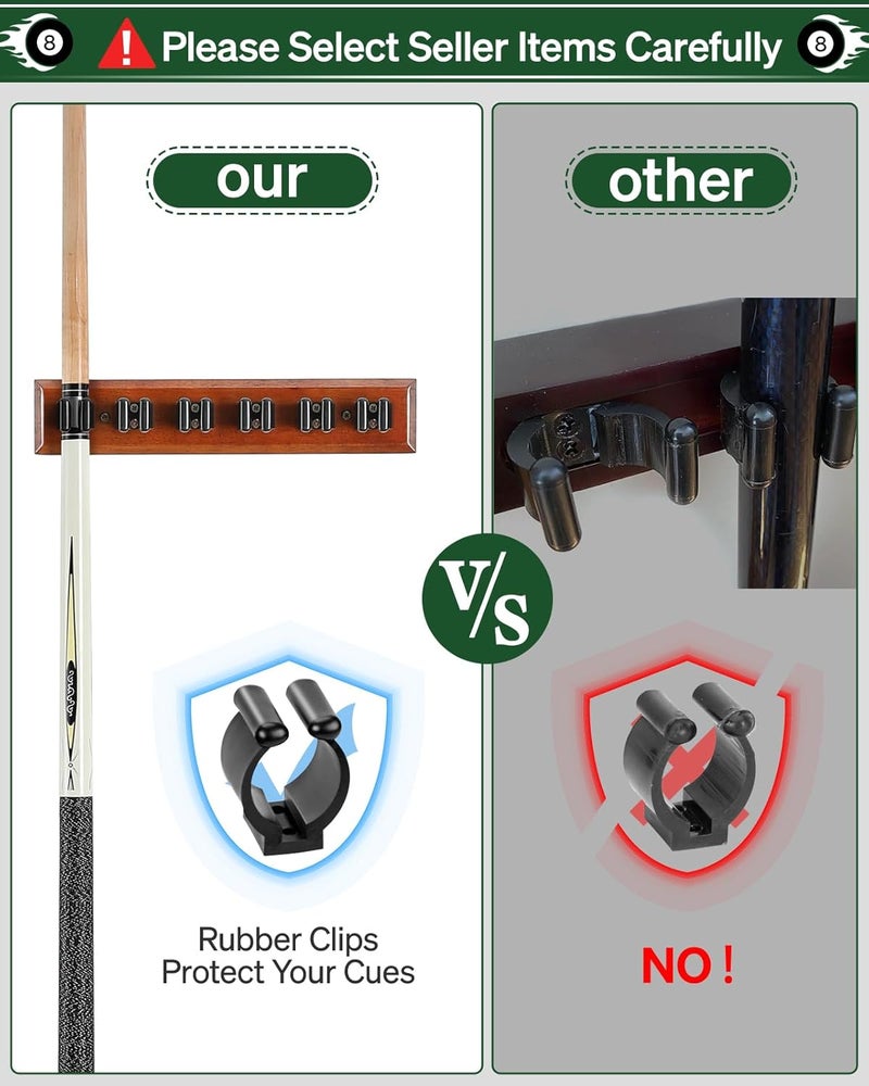 EXTCCT Pool Cue Rack Stick Holder - Wall Mount Billiards Pool Cue Rack Oak Solid Hardwood Pool Cue Set Holder for 6 Cues Sticks Storage Pool Table Accessories Equipment Organizer - Image 3